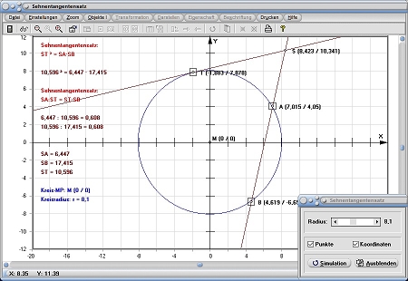 MathProf - Sekanten-Tangenten-Satz - Sehnen-Tangenten-Satz - Sehnentangentensatz - Grafisch - Kresi - Rechner - Berechnen - Darstellen - Zeichnen