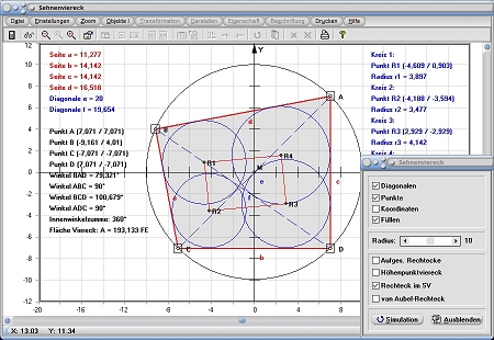 MathProf - Sehnenviereck - Winkel -. Kreis - Innenwinkel - Mittelpunkt - Quadrat - Diagonalen - Flächeninhalt - Rechner - Berechnen - Darstellen - Zeichnen