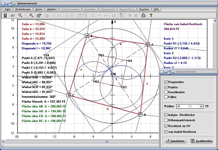 MathProf - Sehnenviereck - Winkel -. Fläche - Innenwinkel - Mittelpunkt - Quadrat - Diagonalen - Flächeninhalt - Rechner - Berechnen - Darstellen - Zeichnen