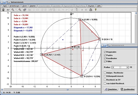 MathProf - Sehnenviereck - Seite - Seiten - Konstruieren - Satz - Eigenschaften - Definition - Van Aubel-Rechteck - Höhenpunktviereck - Winkel -. Innenwinkel - Mittelpunkt - Quadrat - Diagonalen - Flächeninhalt - Rechner - Berechnen - Darstellen - Zeichnen