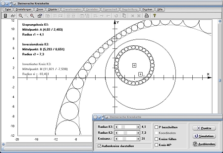 MathProf - Steinersche Kreiskette - Kreiskette - Kreise - Kette - Invertieren - Invertierter Kreis - Inversion - Inversionskreis - Steiner - Rechner - Berechnen - Darstellen - Zeichnen