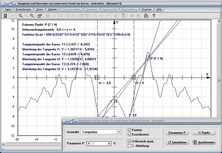 MathProf - Tangente - Punkt - Extern - Außerhalb - Tangentengleichung - Tangentenpunkt - Ermitteln - Ermittlung -  Bestimmen - Bestimmung - Berechnen - Grafik - Rechner - Plotter - Graph
