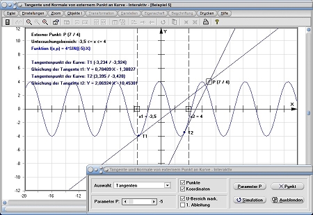 MathProf - Tangente - Punkt - Gleichung - Normale von außen - Berechnen - Tangente durch Punkt - Externer Punkt - Bestimmen - Bestimmung - Berechnen - Grafik - Rechner - Plotter - Graph