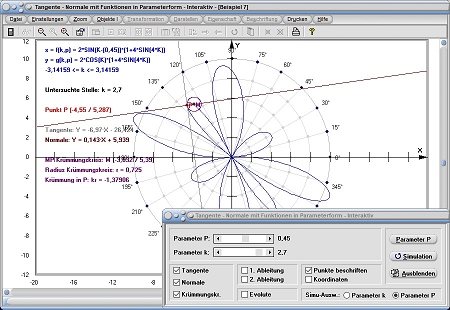 MathProf - Funktion - Parameter - Kurve - Graph - Darstellen - Zeichnen - Plotten - Tangente - Normale - Krümmung - Krümmungskreis - 1. Ableitung - 2. Ableitung - Rechner - Berechnen - Evolute 