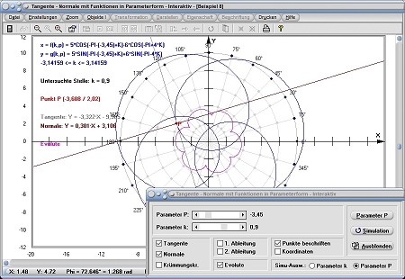 MathProf - Parameterkurven - Parametergleichungen - Parameterform - Tangente - Normale - Krümmung - Krümmungskreis - 1. Ableitung - 2. Ableitung - Rechner - Berechnen - Evolute 