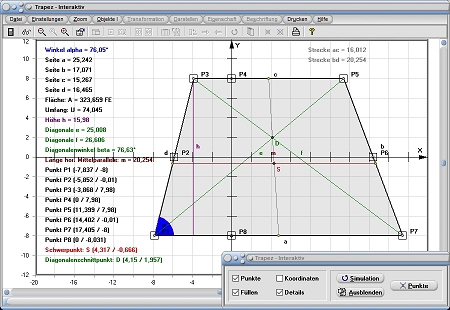 MathProf - Trapez - Trapeze - Merkmale - Höhenberechnung - Umfang - Mittelpunkt - Grundseite - Flächeninhaltsberechnung - Geometrische Eigenschaften - Rechner - Berechnen - Zeichnen