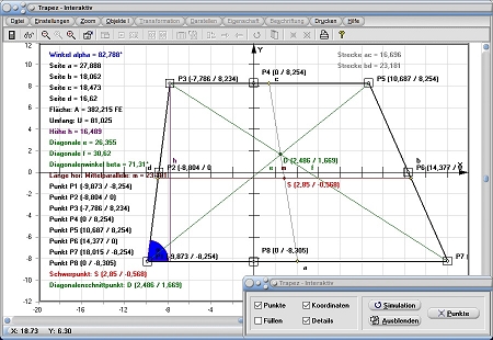 MathProf - Trapez - Trapeze - Umfang - Fläche - Diagonalen - Diagonalenlänge - Diagonalenschnittpunkt - Schwerpunkt - Flächenschwerpunkt - Rechner - Berechnen - Zeichnen