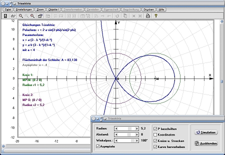 MathProf - Trisektrix - Formel - Funktion - Gleichung - Fläche - Flächeninhalt - Kreis - Asymptote - Definition - Graph - Rechner - Berechnen - Darstellen - Zeichnen - Plotten
