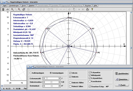 MathProf - Vieleck - Mittelpunkt - Winkelsumme - Winkel - Innenwinkel - Ecken - Eckpunkte - Inkreisradius - Seitenlänge - Seite - Fläche - Rechner - Berechnen - Zeichnen