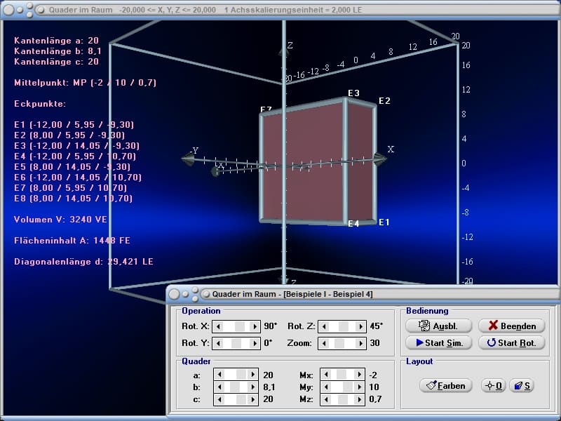 MathProf - Quader - Raum - Räumlich - 3D - Eigenschaften - Rechner - Berechnen - Darstellen - Zeichnen - Oberfläche - Volumen - Seite - Höhe - Länge - Breite - Fläche