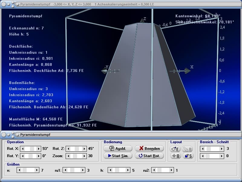 MathProf - Pyramidenstumpf - Höhe - Mantellinie - Seitenlänge - Seite - Volumen - Gesamtfläche - Kantenwinkel - Seitenflächen - Volumenformel - Grundkante - Oberfläche - Grundfläche - Fläche - Umfang - Querschnittsfläche - Oberflächeninhalt - Länge - Kantenlänge - Kanten - Mantel - Flächenberechnung - Formel - Berechnen - Rechner - Zeichnen