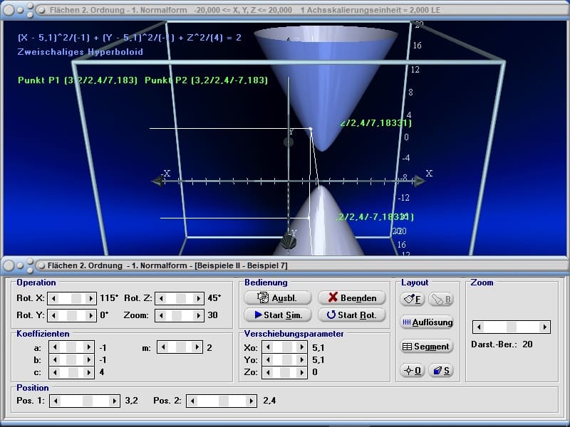 MathProf - Zweischalig - Hyperboloid - Fläche zweiter Ordnung - Fläche 2. Ordnung - Berechnen - Graph - Funktion - Animation - Gleichung - Koordinaten - Plotter - Normalform - Beispiel - Quadriken - Kegelschnitt - Kegelschnitte - Kegelschnittgleichung - Quadrik - Funktionswerte - Quadriken - 3D-Plotter - Darstellen - Plotten - Grafik - Zeichnen - Plotter - Rechner - Schaubild