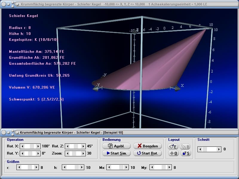 MathProf - Schiefer Kegel - Schiefer Kreiskegel - Volumenberechnung - Volumen - Rauminhalt - Seitensicht - Eigenschaften - Oberflächeninhalt - Mantelflächeninhalt - Flächeninhalt - Oberfläche - Schwerpunkt - Mantellinie - Durchmesser - Grundkreis - Deckfläche - Berechnen - Rechner - Zeichnen