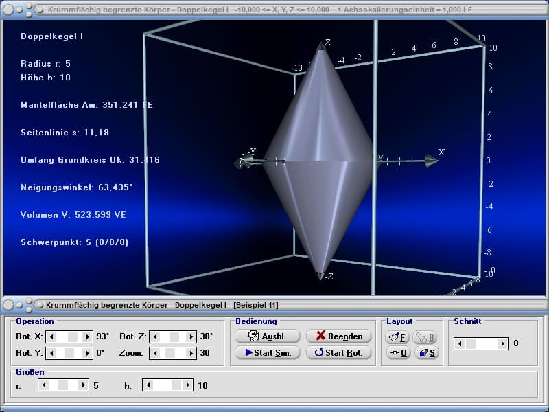 MathProf - Doppelkegel - Volumenberechnung - Volumen - Rauminhalt - Seitensicht - Eigenschaften - Oberflächeninhalt - Mantelflächeninhalt - Flächeninhalt - Oberfläche - Schwerpunkt - Mantellinie - Durchmesser - Grundkreis - Deckfläche - Berechnen - Rechner - Zeichnen