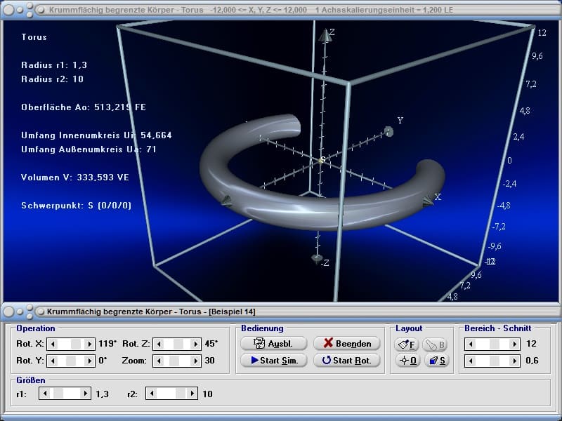 MathProf -Torus - Volumenberechnung - Volumen - Rauminhalt - Seitensicht - Eigenschaften - Oberflächeninhalt - Mantelflächeninhalt - Flächeninhalt - Oberfläche - Schwerpunkt - Mantellinie - Durchmesser - Grundkreis - Deckfläche - Berechnen - Rechner - Zeichnen