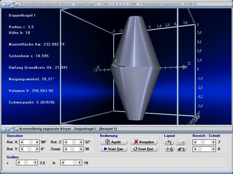 MathProf - Kegel - Doppelkegel - Radius - Umfang - Kegelfläche - Oberflächenberechnung - Volumenrechner - Volumenschwerpunkt - Geometrischer Schwerpunkt - Grundflächeninhalt