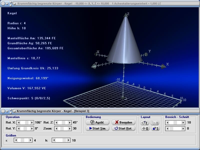 MathProf - Kegel - Kreiskegel  - Volumenberechnung - Volumen - Rauminhalt - Seitensicht - Eigenschaften - Oberflächeninhalt - Mantelflächeninhalt - Flächeninhalt - Oberfläche - Schwerpunkt - Mantellinie - Durchmesser - Grundkreis - Deckfläche - Berechnen - Rechner - Zeichnen