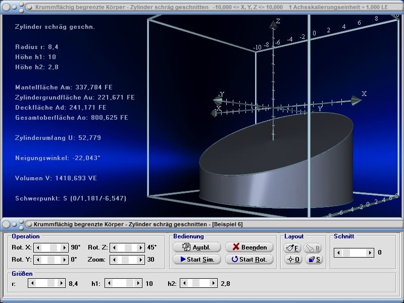 MathProf - Grundkreisradius - Oberflächenformel - Flächeninhaltsformel - Gesamtfläche - Mittelpunkt - Mantel - Schnittfläche - Querschnitt - Abgeschrägter Zylinder