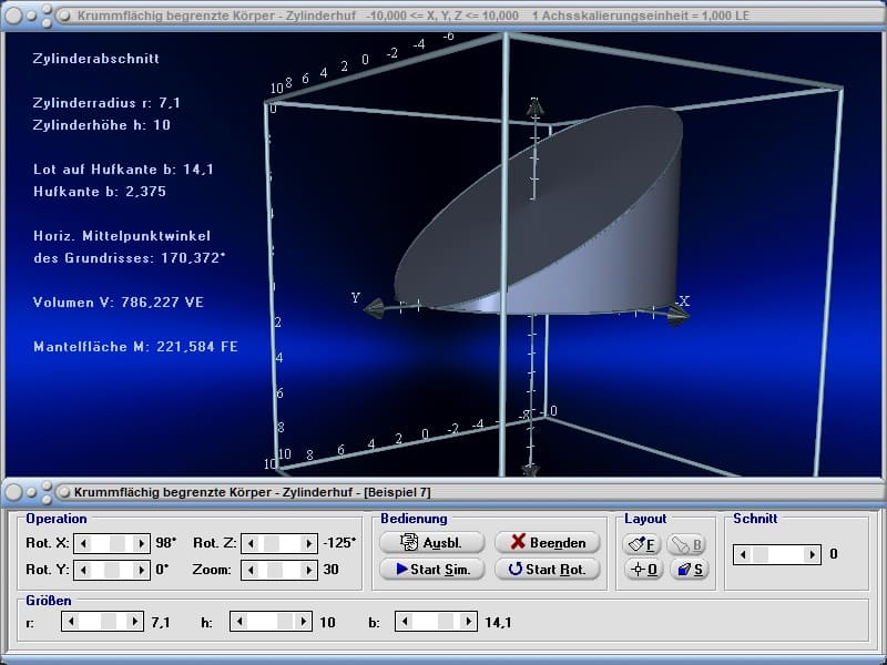 MathProf - Zylinder - Abschnitt - Oberflächenberechnung - Volumenrechner - Volumenschwerpunkt - Geometrischer Schwerpunkt - Grundflächeninhalt