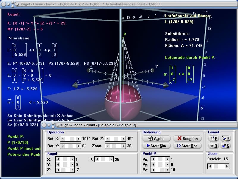 MathProf - Kugel - Ebene - Koordinatengleichung einer Kugel - Abstand Kugel-Ebene - Schnitt einer Kugel und einer Ebene - Vektordarstellung - Berechnen - Rechner