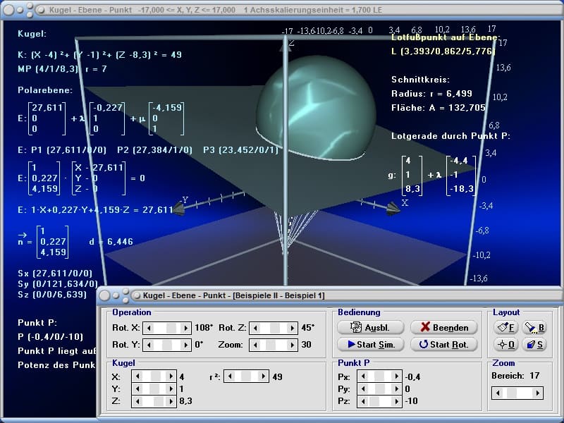MathProf - Kugel - Ebene - Schnittkreis einer Kugel und einer Ebene - 3D - Berührpunkt - Spiegelung einer Kugel an einer Ebene - Lagebeziehungen im Raum - Berechnen - Rechner