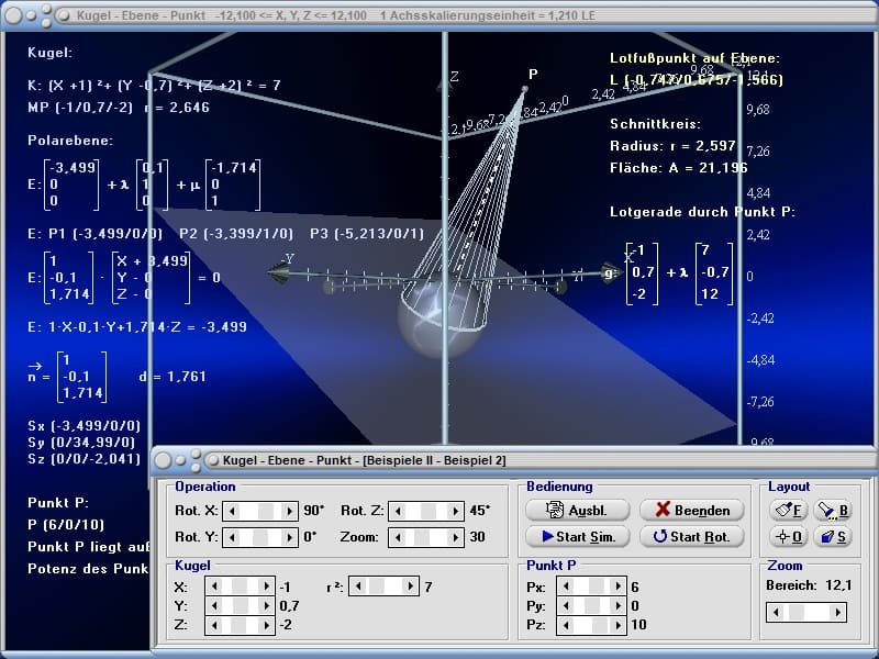 MathProf - Kugel - Ebene - Vektoren - Schnitt Kugel Ebene - Volumen einer Kugel - Oberfläche einer Kugel - Polarebene einer Kugel - Normalenvektor - Berechnen - Rechner