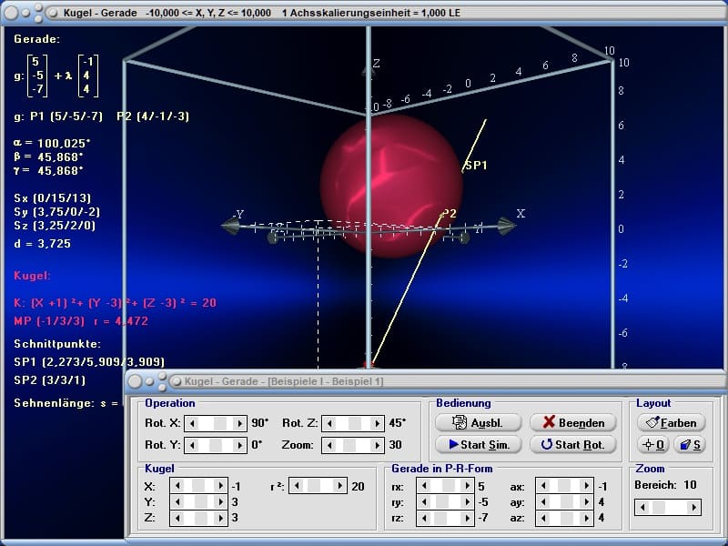 MathProf - Kugel - Gerade - Schnittpunkte von Kugel und Gerade - Kugel durch 4 Punkte - Abstand Kugel-Gerade - Vektordarstellung - 3D -  Berechnen - Rechner - Zeichnen