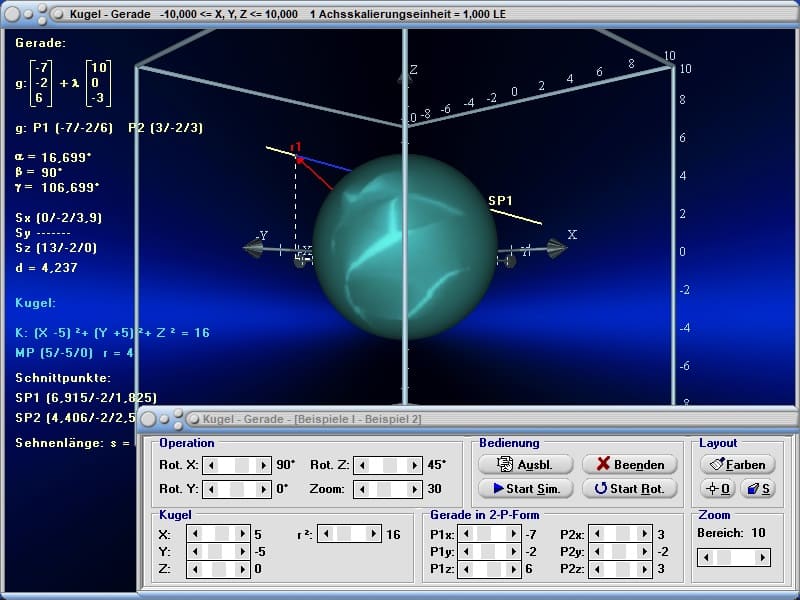 MathProf - Kugel - Gerade - Eigenschaften - Kugelgleichung im Raum - Mittelpunkt einer Kugel - Berührpunkt - Durchstoßpunkt Kugel Gerade - Berechnen - Rechner - Zeichnen