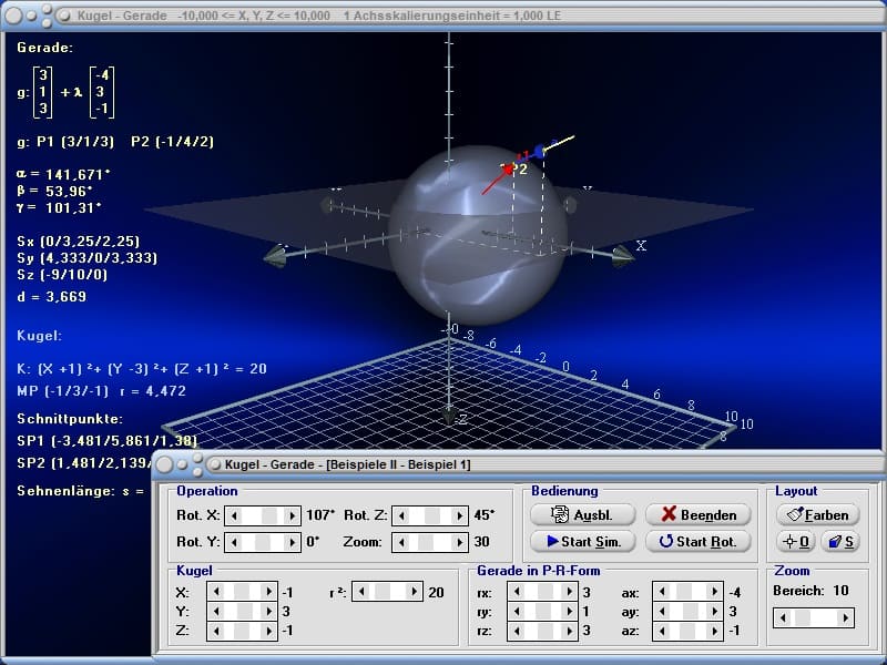 MathProf - Kugel - Gerade - Spiegeln - R3 - Spiegelung - Rechner - Plotten - Berechnen - Raum - Räumlich - Graph - Grafisch - Plotter - Berechnen - Rechner - Zeichnen