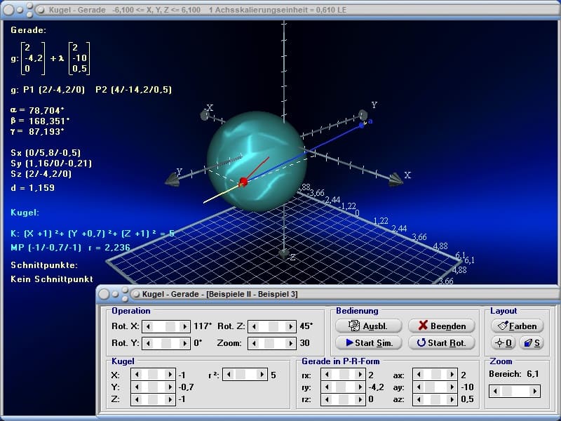 MathProf - Kugel - Gerade - Sehne - Tangente - Dreidimensional - Berechnung - Darstellen - Bild - Grafik - Lösung - Beispiel - Lage - Berechnen - Rechner - Zeichnen