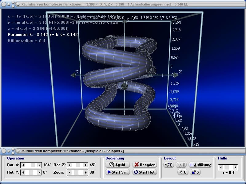 MathProf - Konische Spirale - Komplexe Zahlen - Räumliche Kurven - Torusknoten - Bogenlänge - Bahnkurven - Raum - Räumlich - Plotten 