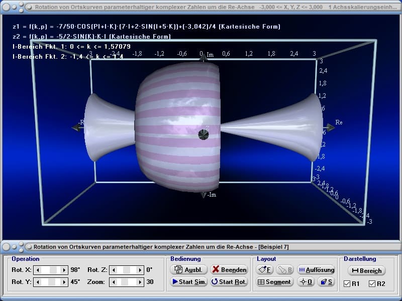 MathProf - Komplex - Ortskurven - Ortskurve - Komplexe Funktion - Rotationsvolumen - Rotation um x-Achse - 3D-Grafik - 3D-Plotter - 3D-Plot - Grafisch - Grafik - Zeichnen - Plotter - Rechner - Berechnen - Schaubild - Darstellung - Rechner - Berechnen - Plotten - Darstellen - Zeichnen