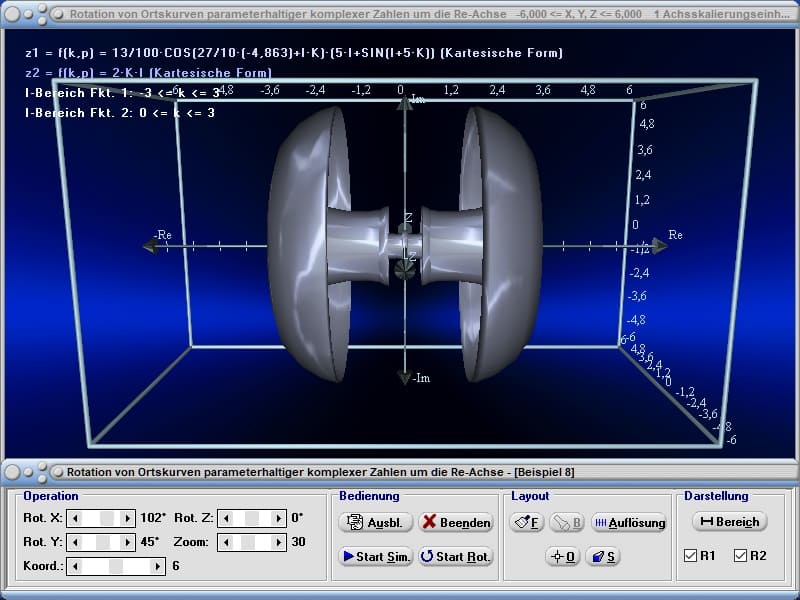 MathProf - Komplex - Ortskurven - Ortskurve - Komplexe Funktion - X-Achse - Rotation - Rotationskörper - R3 - 3D - Simulation - Animation - Rechner - Parameter - Schwerpunkt - Körper - Oberfläche - Berechnen - Plotter - Darstellen