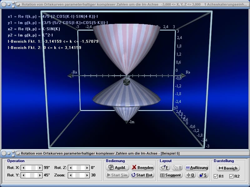 MathProf -  Komplex - Ortskurven - Ortskurve - Komplexe Funktion - Rotationskörper - Rotationsvolumen - Drehkörper - Mantelfläche - Oberfläche - Rauminhalt - Volumenintegral - Volumen - Integral - Bogenlänge - 3D-Grafik - 3D-Plotter - 3D-Plot - Integralrechnung - Zeichnen - Plotter - Rechner - Berechnen - Schaubild 