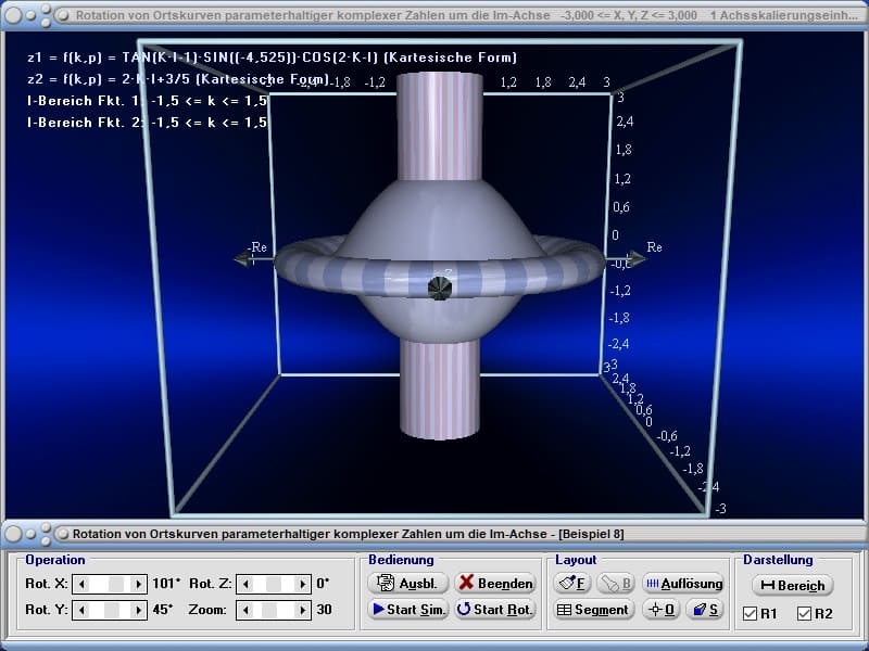 MathProf - Komplex - Ortskurven - Ortskurve - Komplexe Funktion - Rotationsvolumen - Rotation um Y-Achse - 3D-Grafik - 3D-Plotter - 3D-Plot - Grafisch - Grafik - Zeichnen - Plotter - Rechner - Berechnen - Schaubild - Darstellung - Rechner - Berechnen - Plotten - Darstellen - Zeichnen