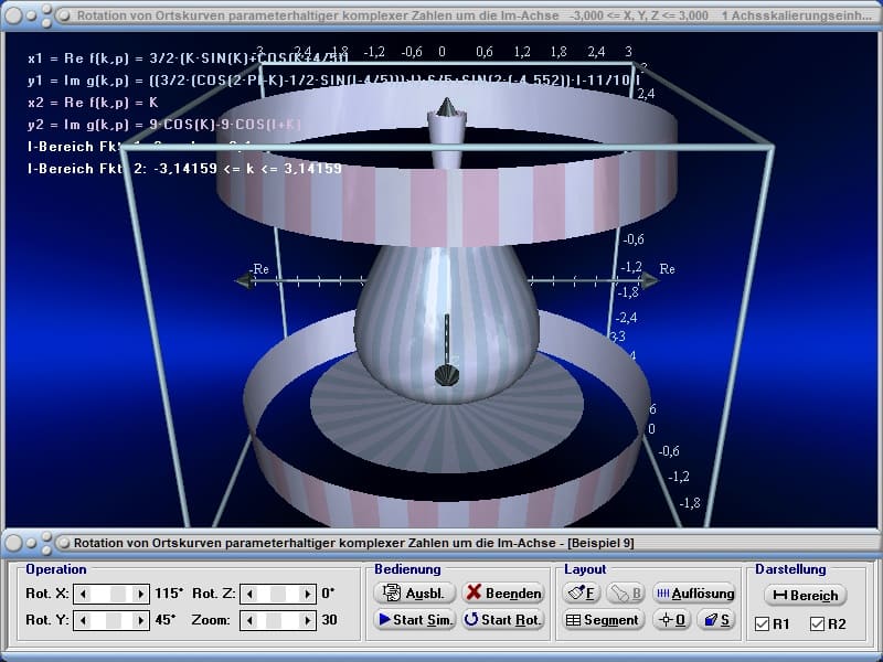 MathProf - Komplex - Ortskurven - Ortskurve - Komplexe Funktion - Y-Achse - Rotation - Rotationskörper - R3 - 3D - Simulation - Animation - Rechner - Parameter - Schwerpunkt - Körper - Oberfläche - Berechnen - Plotter - Darstellen