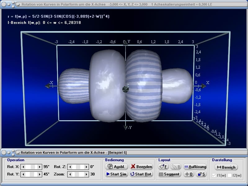 MathProf - Polarform - Polarkoordinaten - Rotationskörper - Rotationsvolumen - Drehkörper - Mantelfläche - Oberfläche - Rauminhalt - Drehung um x-Achse - Volumenintegral - Volumen - Integral - Rotation um x-Achse - Bogenlänge - 3D-Grafik - 3D-Plotter - 3D-Plot - Integralrechnung - Zeichnen - Plotter - Rechner - Berechnen - Schaubild - 1