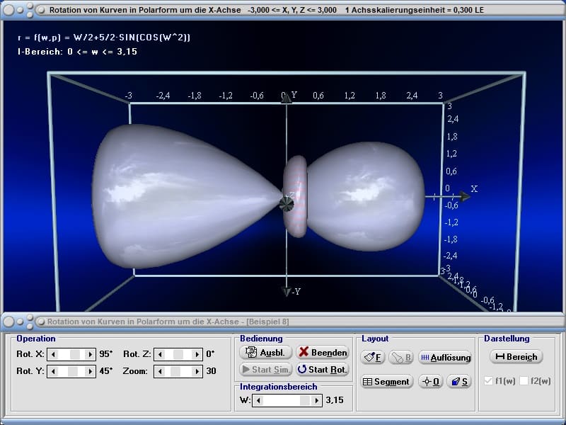 MathProf - Polarform - Polarkoordinaten - X-Achse - Rotationskörper - Rotationsvolumen - Guldinsche Regel - Formel - Körper - Raum - Räumlich - Rotation - Rotieren - Was sind - Bedeutung - Präsentation - Drehkörper - Mantelfläche - Oberfläche - Rauminhalt - Drehung um x-Achse - Volumenintegral - Volumen - Integral - Rotation um x-Achse - Bogenlänge - 3D-Grafik - 3D-Plotter - 3D-Plot - Integralrechnung - Zeichnen - Plotter - Rechner - Berechnen - Schaubild