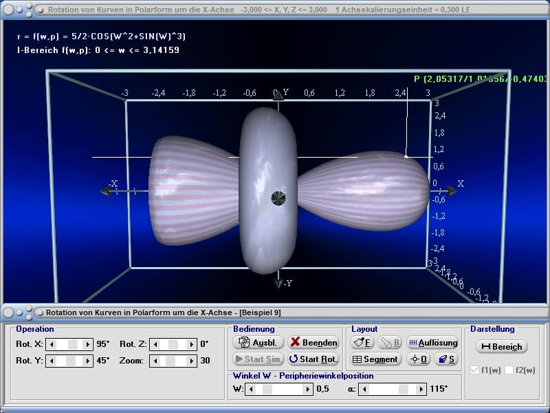 MathProf - Polarform - Polarkoordinaten - X-Achse - Rotationskörper - Rotationsvolumen - Drehkörper - Mantelfläche - Oberfläche - Rauminhalt - Drehung um x-Achse - Volumenintegral - Volumen - Integral - Rotation um x-Achse - Bogenlänge - 3D-Grafik - 3D-Plotter - 3D-Plot - Integralrechnung - Zeichnen - Plotter - Rechner - Berechnen - Schaubild - 4