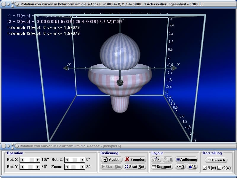 MathProf - Rotationskörper - Drekkörper - Polar - Polarform - Polarkoordinaten - Kurven - Volumen - Körper - Animation - Fläche - Mantelfläche - Oberfläche - Schwerpunkt - Rauminhalt - Drehung um y-Achse - Integralrechnung - Integral - Volumen - Rotationsvolumen - Rotation um y-Achse - Bogenlänge - Grafisch - Darstellen - Plotten - Graph - Grafik - Zeichnen - Plotter - Rechner - Berechnen - Schaubild - 3