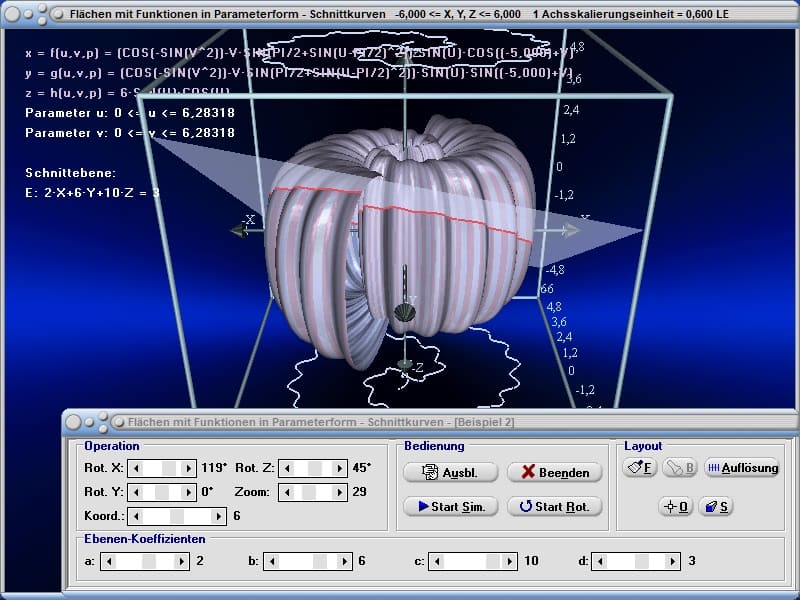 MathProf - Schnittkurve - Schnittebene - Schnitt - Schneiden - Ebene - Funktionen - Parameter - 2 Variablen - Gekrümmte Fläche - 3D-Surface plotter - 3D-Grafik - Rechner - Berechnen - Plotten - Zeichnen