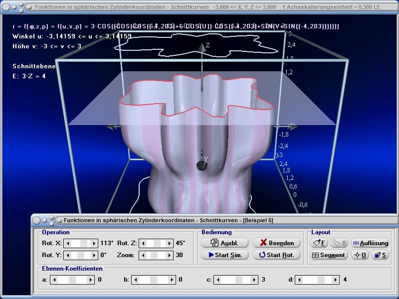 MathProf - 3D Fläche - 3D Funktion - Schnittkurve - Schnittebene - Schnitt - Schneiden - Ebene - Zylinderkoordinaten - Flächenelement - Volumenelement - Dreidimensional - Plotter - Rotation - Raumwinkel - Winkel - 3D - Funktion - Berechnung - Rechner - Darstellen - Plotter