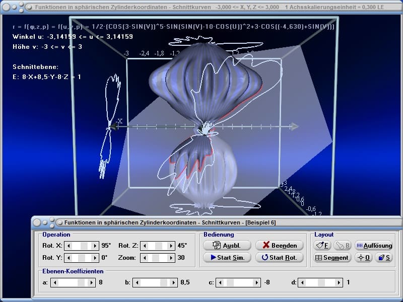 MathProf - Schnittkurve - Schnittebene - Schnitt - Schneiden - Ebene -Zylinderkoordinaten - Berechnung - Darstellen - Formel - Rechner - Plot - Graphen-  Zeichnen - Grafisch - Fläche - Plotten - Transformation - Polarkoordinaten - 3D - Polarkoordinatendarstellung