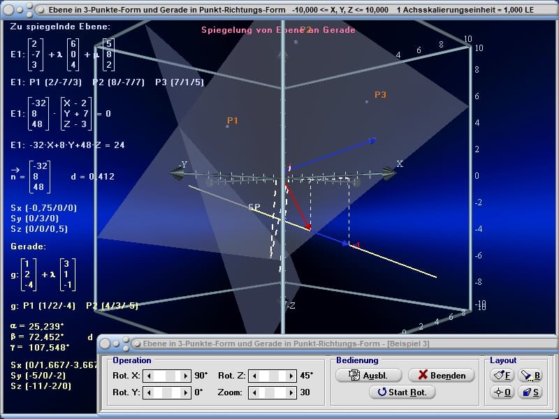 MathProf - Spiegelung - Spiegeln - Spiegelpunkt - Spiegelgerade - Spiegelebene - Gespiegelt - Ebene in Punkt-Richtungsform - Gerade - Durchstoßpunkt - Schnittpunkt - Windschief - Lagebeziehung Gerade - Ebene - Spurpunkte - Ortsvektor - Richtungsvektor - Parameterdarstellung - Abstand - Gerade