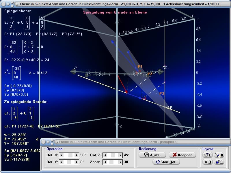 MathProf - Ebene in Koordinatenform - Gerade - Koordinatengleichung - Spiegelung - Spiegeln - Spiegelpunkt - Spiegelgerade - Spiegelebene - Gespiegelt - Ebene - Spurpunkte - Normalenvektor - Richtungsvektor - Ortsvektor - Ebenen im Raum - Ebenengleichung - Durchstoßpunkt - Abstand Punkt  Ebene