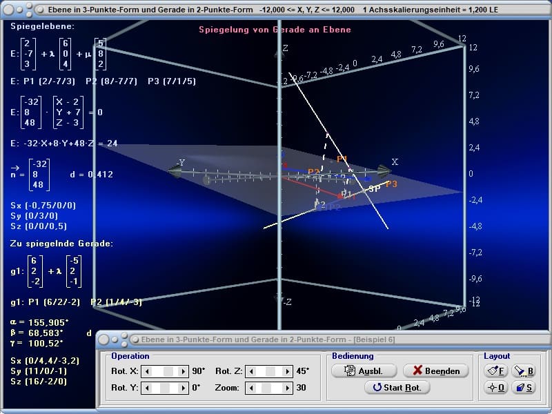 MathProf  - Lagebeziehung Punkt-Ebene - Richtungsvektor - Ortsvektor - Spiegelung - Spiegeln - Spiegelpunkt - Spiegelgerade - Spigeelebene - Gespiegelt - Lotvektor - Normalenvektor einer Ebene - Spurpunkte berechnen - Lotgerade  - Abstand - Ursprung - Abstandsberechnung - Lage Gerade-Ebene - Rechner - Berechnen