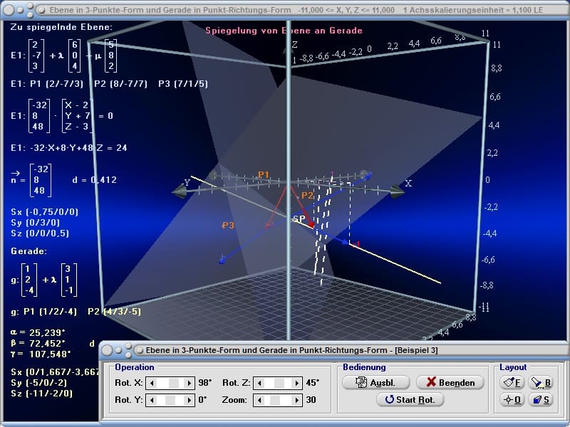 MathProf - Ebene - Koordinatengleichung - Koordinatendarstellung - Koordinatenform - Koordinatengleichungen - Spiegelung - Spiegeln - Spiegelpunkt - Spiegelgerade - Spiegelebene - Gespiegelt - Plotten - Darstellung von Ebenen - Achsenabschnittsform - Koordinatendarstellung - Rechnen - Berechnen - Zeichnen