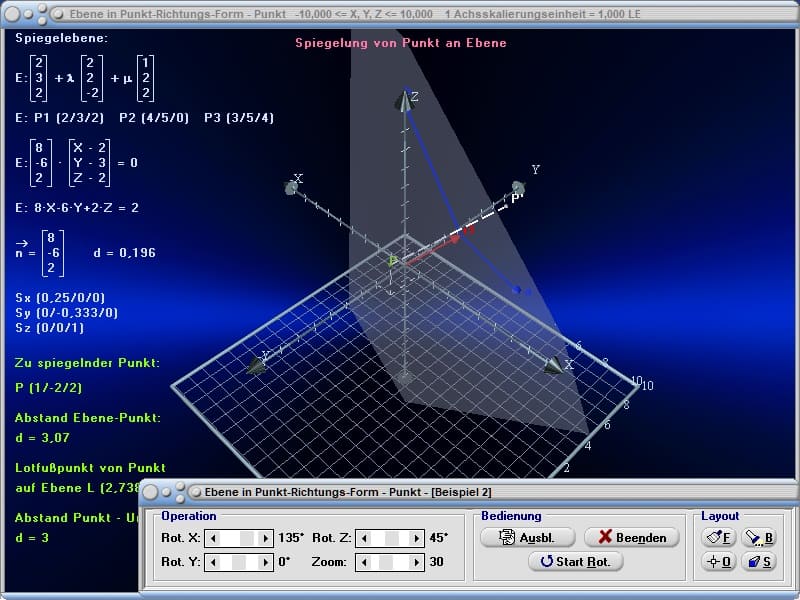 MathProf - Ebene in Drei-Punkte-Form - Gerade - Schnittpunkt - Windschief - Lagebeziehung Gerade - Ebene - Spurpunkte - Abstand - Gerade - Punkt  - Ebenen im Raum - Ebenengleichung - Durchstoßpunkt - Ebene durch 3 Punkte - Vektorgeometrie - Abstand Ebene Gerade - Rechner - Formel - Rechner - Berechnen - Berechnung - Zeichnen