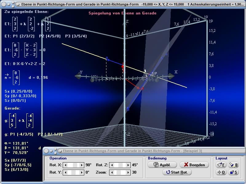 MathProf - Ebene - Koordinatengleichung - Normalvektor - Lotgerade - Ebenen - Ebene im Raum - Spiegelung - Spiegeln - Spiegelpunkt - Spiegelgerade - Spiegelebene - Gespiegelt - Spurpunkte - Ebenen im Raum - Rechnen - Berechnen - Zeichnen - Koordinaten