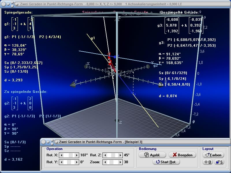 MathProf - Windschiefe Gerade - Abstand - Spiegeln - Spiegelpunkt - Spiegelgerade - Spiegelung - Winkel - Darstellen - Beispiel - Lagebeziehungen - Ortsvektoren - Richtungsvektoren - Geraden im Raum - Geradengleichung